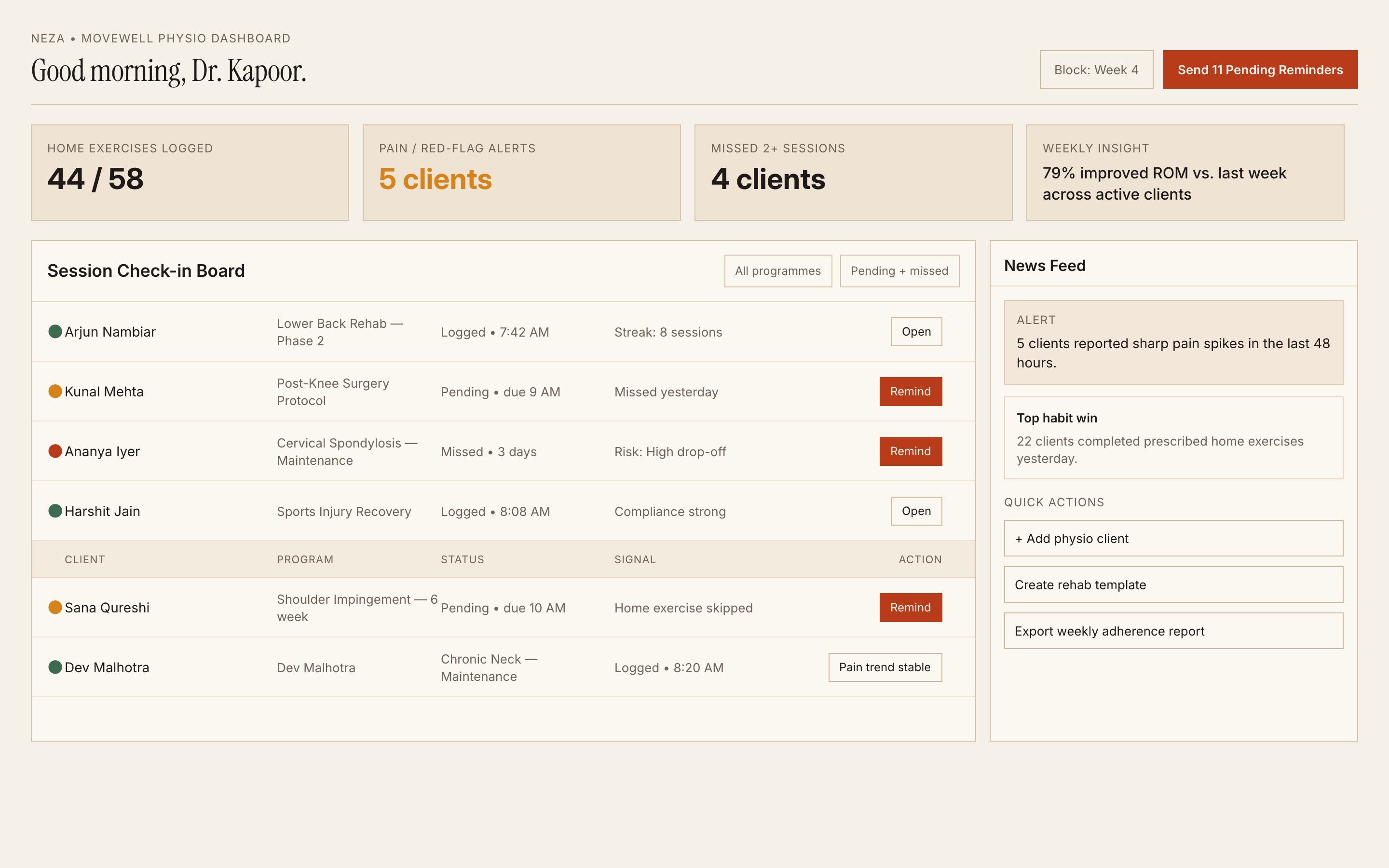 MoveWell Physio — Neza session check-in dashboard