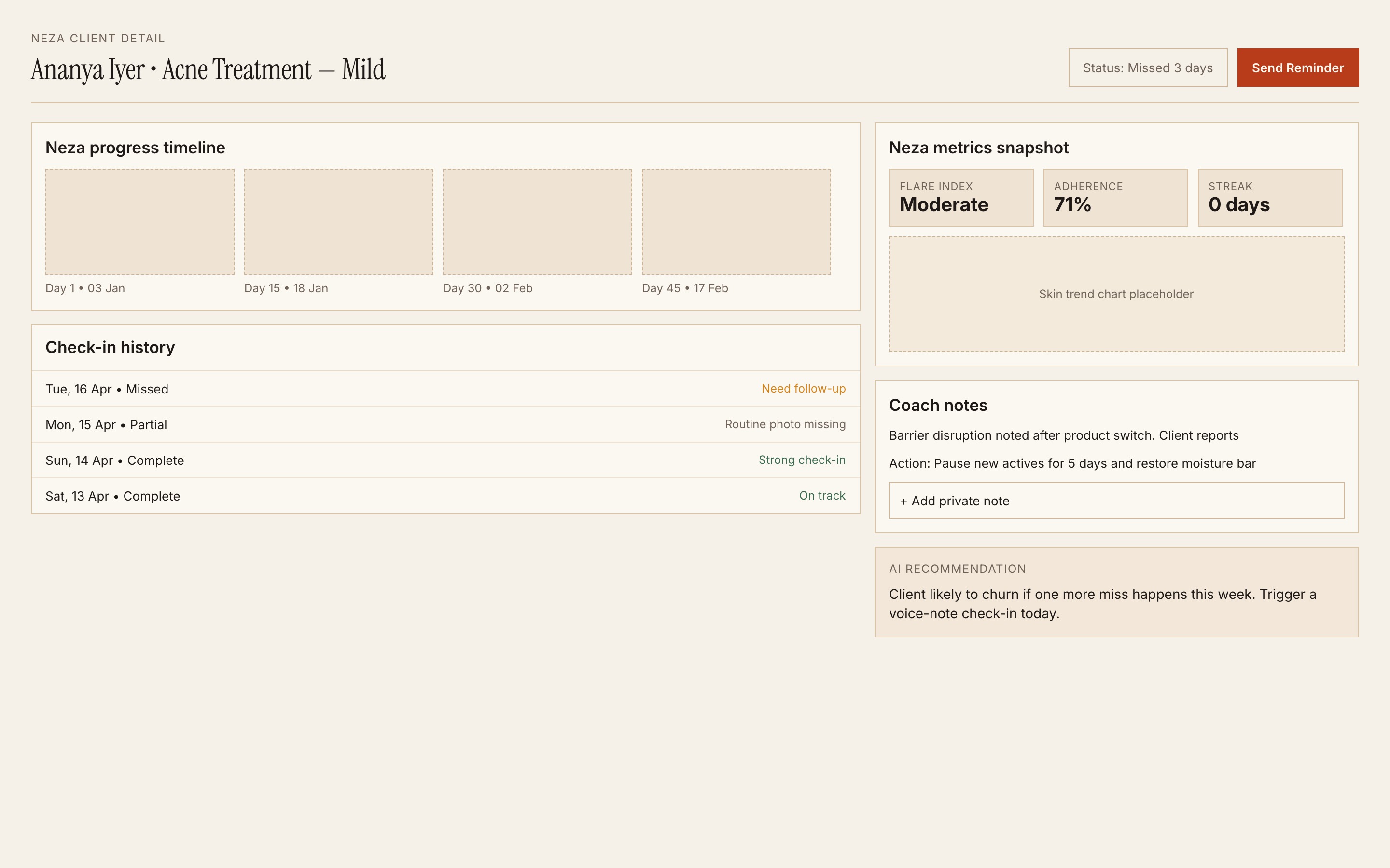 Neza — client detail with progress timeline, check-in history and coach notes
